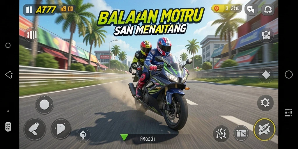 Screenshot gameplay AT777 yang menampilkan aksi balapan motor yang mendebarkan.