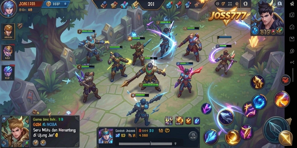 Tangkapan layar gameplay JOSS777 yang menampilkan pertempuran epik dan karakter unik.
