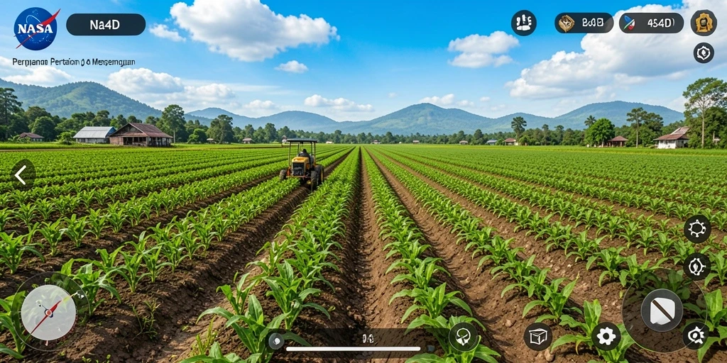 Tangkapan layar gameplay NASA4D menampilkan lahan pertanian yang subur dan beragam tanaman.
