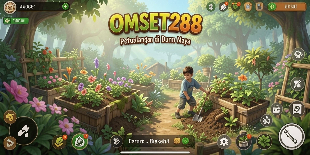 Screenshot gameplay OMSET288 yang menunjukkan ladang yang subur dan tanaman yang berwarna-warni.