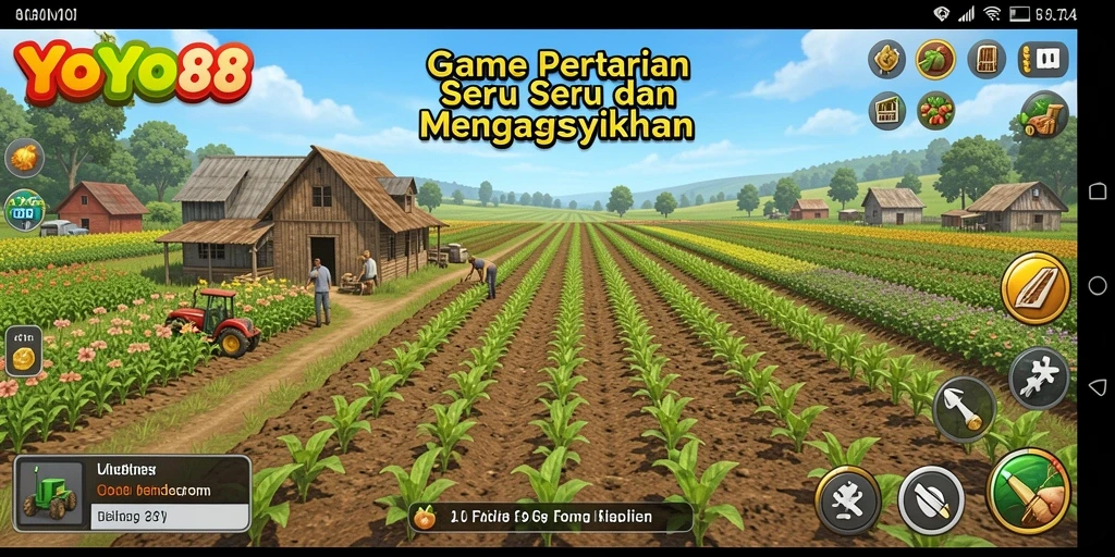 Screenshot gameplay YOYO88 menampilkan ladang yang indah dan aktivitas bertani.